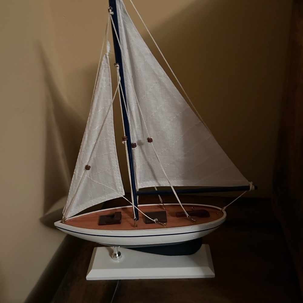 Nautical Wooden Sailboat Model Decor - White and Blue - Picture 6 of 7